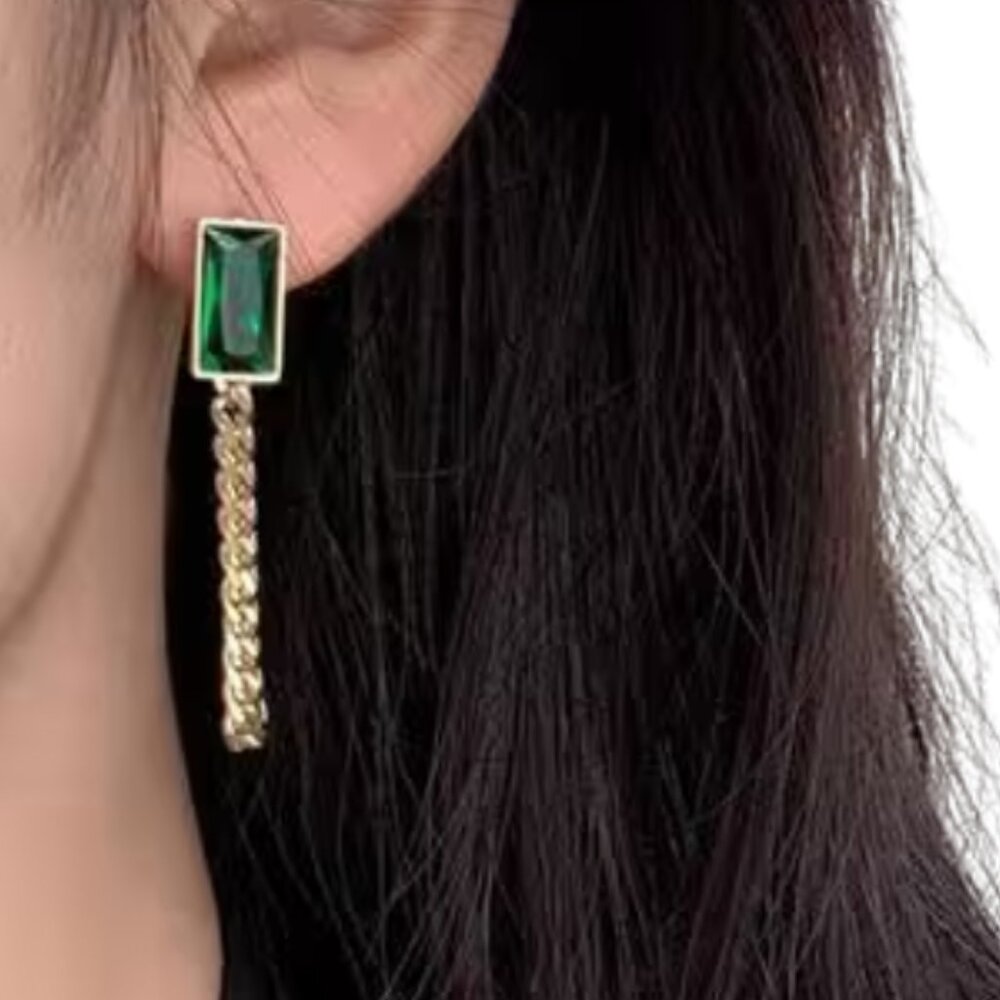 Emerald Green Stone Gold-Toned Chain Dangle Earrings - Picture 1 of 5